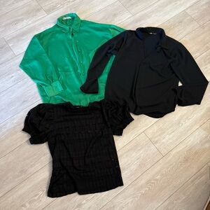 Bundle 3 Zara Tops Blouse Long sleeve puff short sleeve Kelly Green black Medium